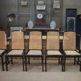 Set of 6 Vintage caned chairs in black lacquered wood, original 1970