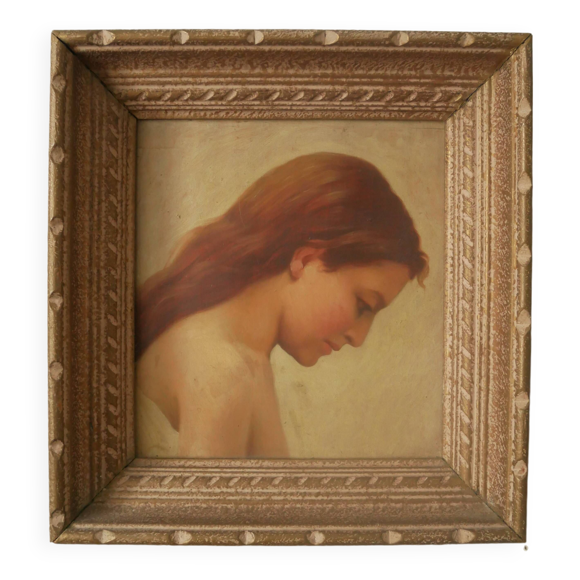 Tableau portrait jeune femme profil décoration antique bohème campagne peinture tons beige nude