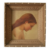 Tableau portrait jeune femme profil décoration antique bohème campagne peinture tons beige nude