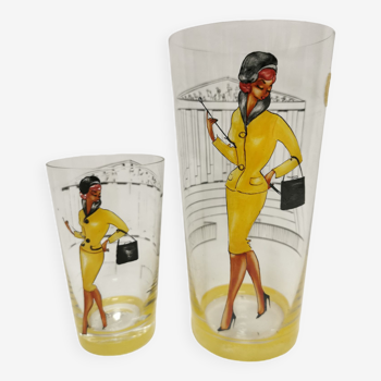 2 glasses vintage painted décor. women's motif pin'up france parisian fashion, 50s