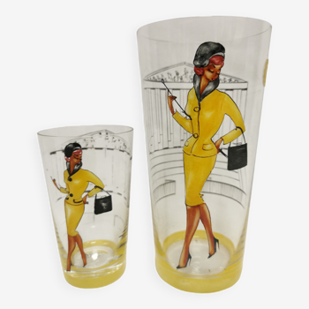 2 verres décor peint vintage. motif femme pin'up france mode parisienne , années 50