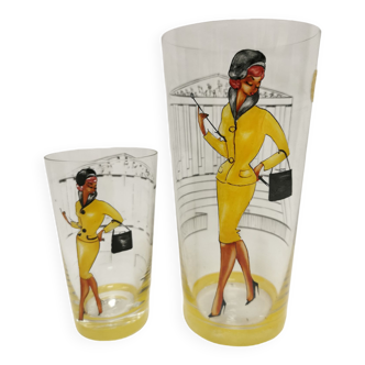 2 glasses vintage painted décor. women's motif pin'up france parisian fashion, 50s
