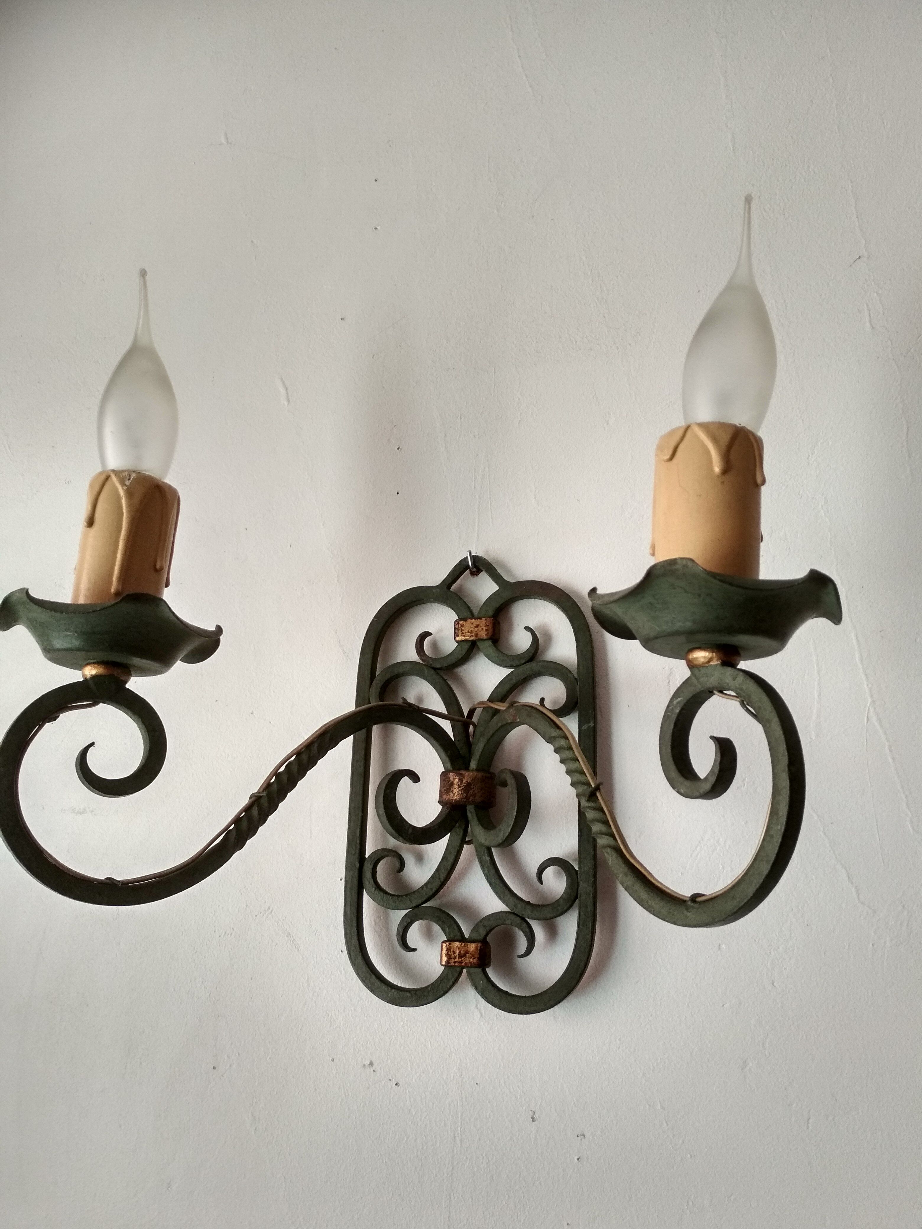 Pair of old wrought iron sconces patina green and gold - 2 lights