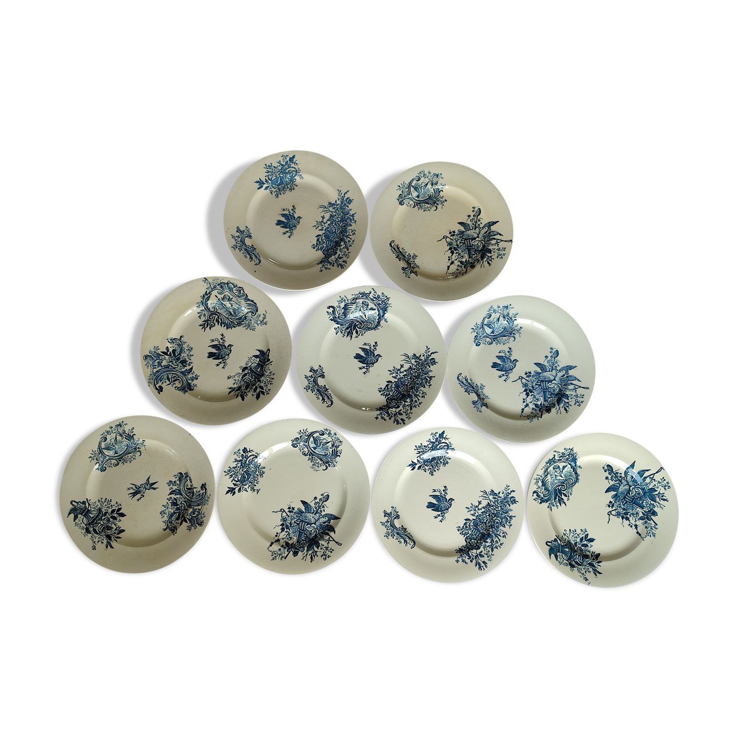 Set of nine antique earthenware, terracotta plates Salins, Antoinette