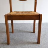 Set of 6 Maison Regain straw chairs in solid elm, 1970s-1980s