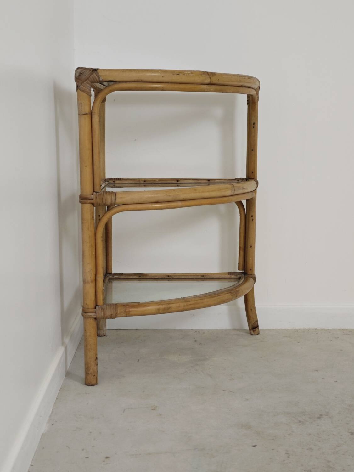 Rattan and glass corner shelf 1970