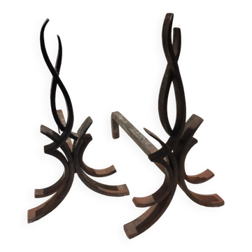 Pair of wrought iron andirons by Raymond Subes vintage
