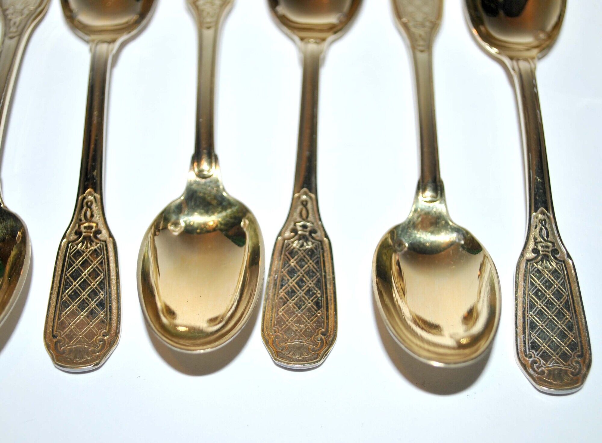 Precious set of 6 teaspoons and its sugar tongs in SOLID SILVER plated Gold Vermeil 19th s