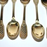 Precious set of 6 teaspoons and its sugar tongs in SOLID SILVER plated Gold Vermeil 19th s