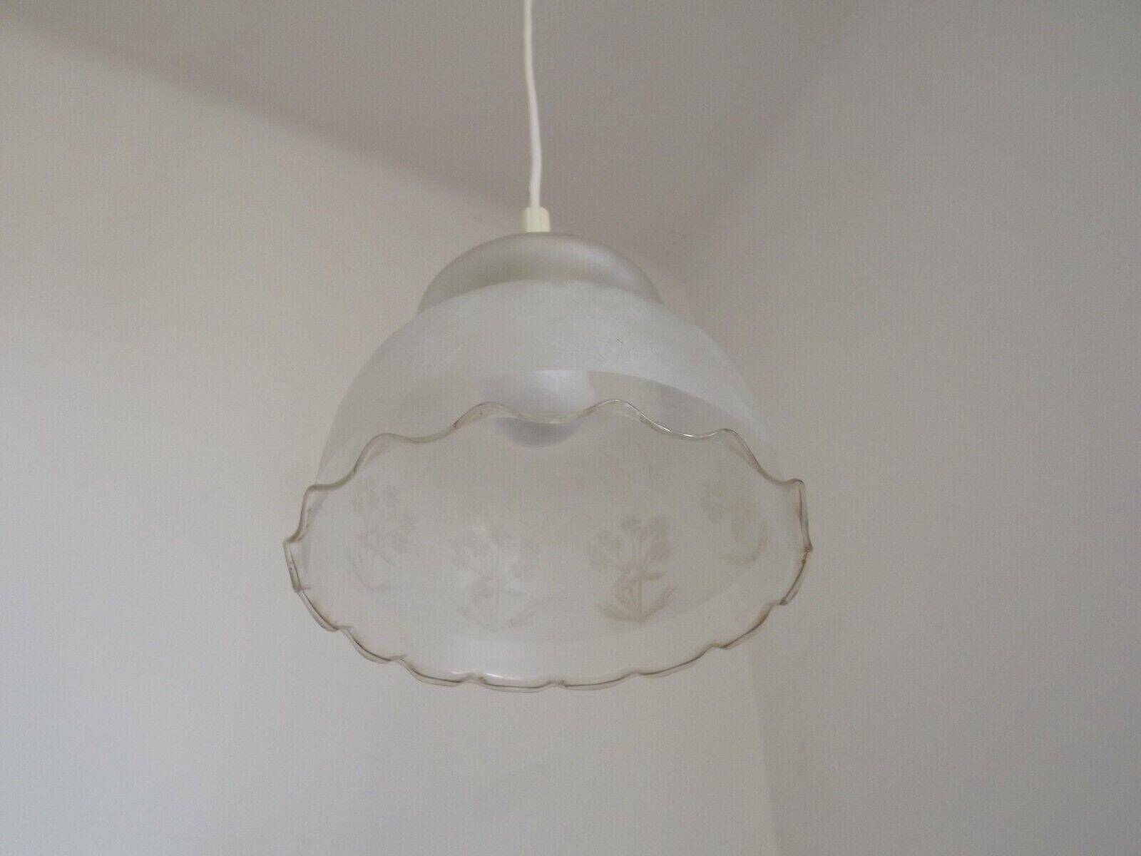 Vintage French pendant ceiling light in white glass decorated with flowers 4722