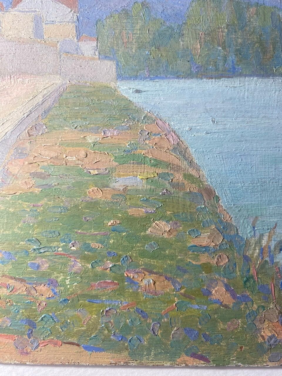 Tableau ancien, double face, paysage bord de Saône, début XX siècle