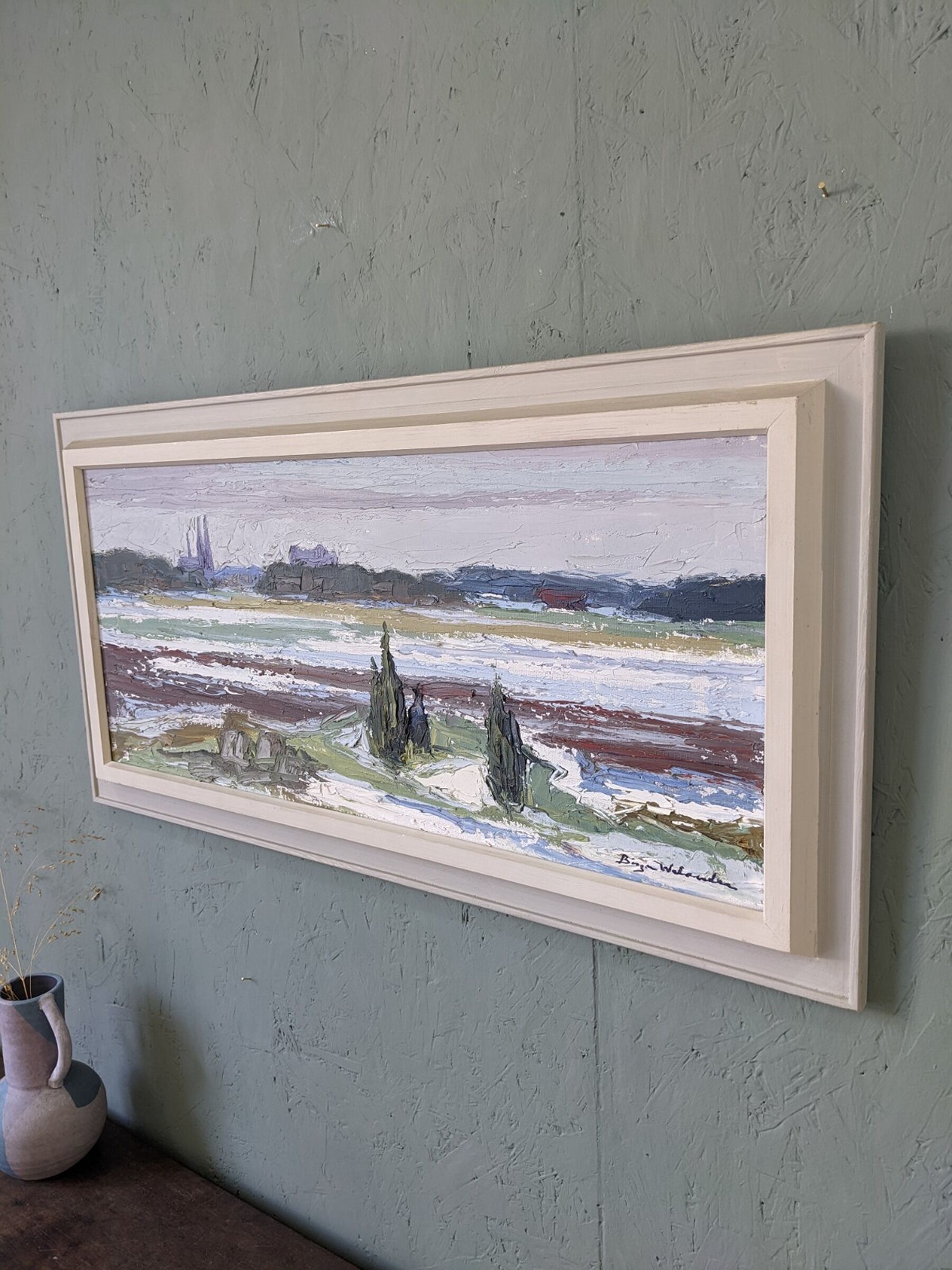 Mid-Century Modern Swedish "Planes" Vintage Expressive Landscape Oil Painting, Framed
