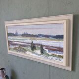 Mid-Century Modern Swedish "Planes" Vintage Expressive Landscape Oil Painting, Framed