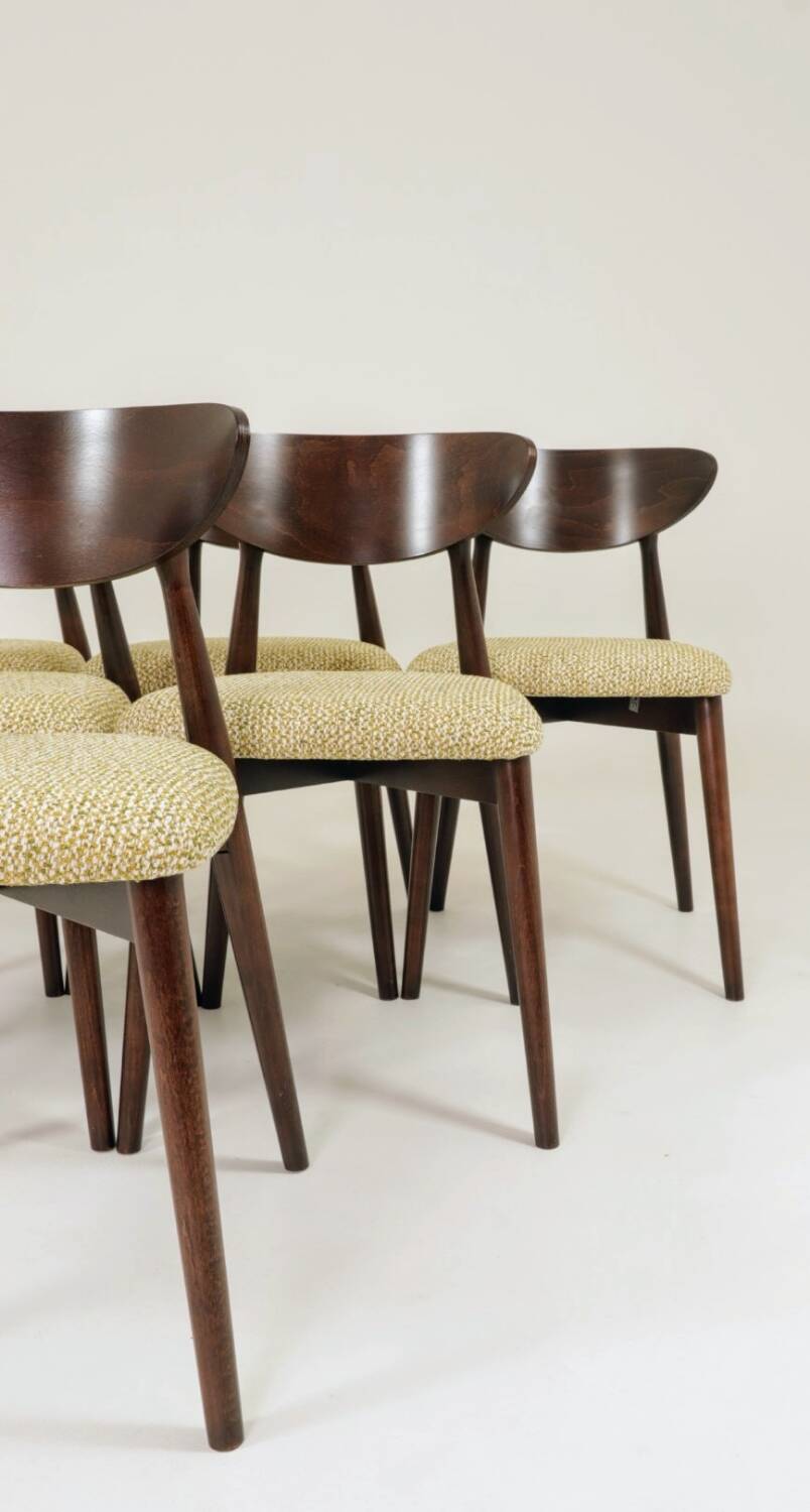 Set of 6 Dining Chairs, Light Beech Wood, Green Pattern  Fabric