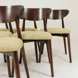 Set of 6 Dining Chairs, Light Beech Wood, Green Pattern  Fabric