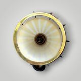 Massive vintage pendant light – brass, black metal and striped glass – 1950s