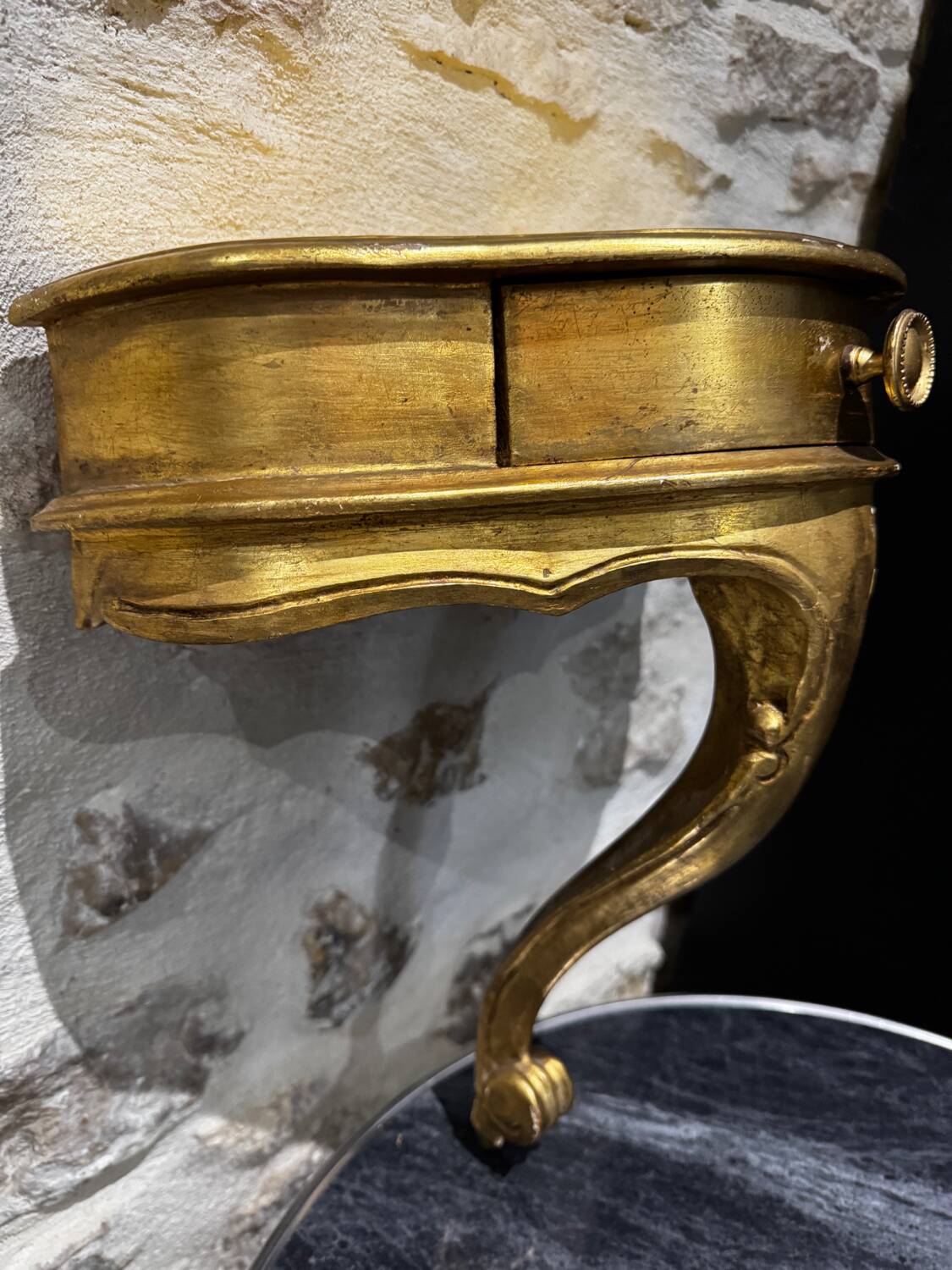 Italian wall console with vintage gilded wood shelf
