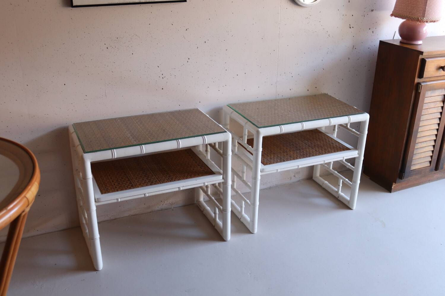 Pair of bedside tables in bamboo effect wood and woven wicker