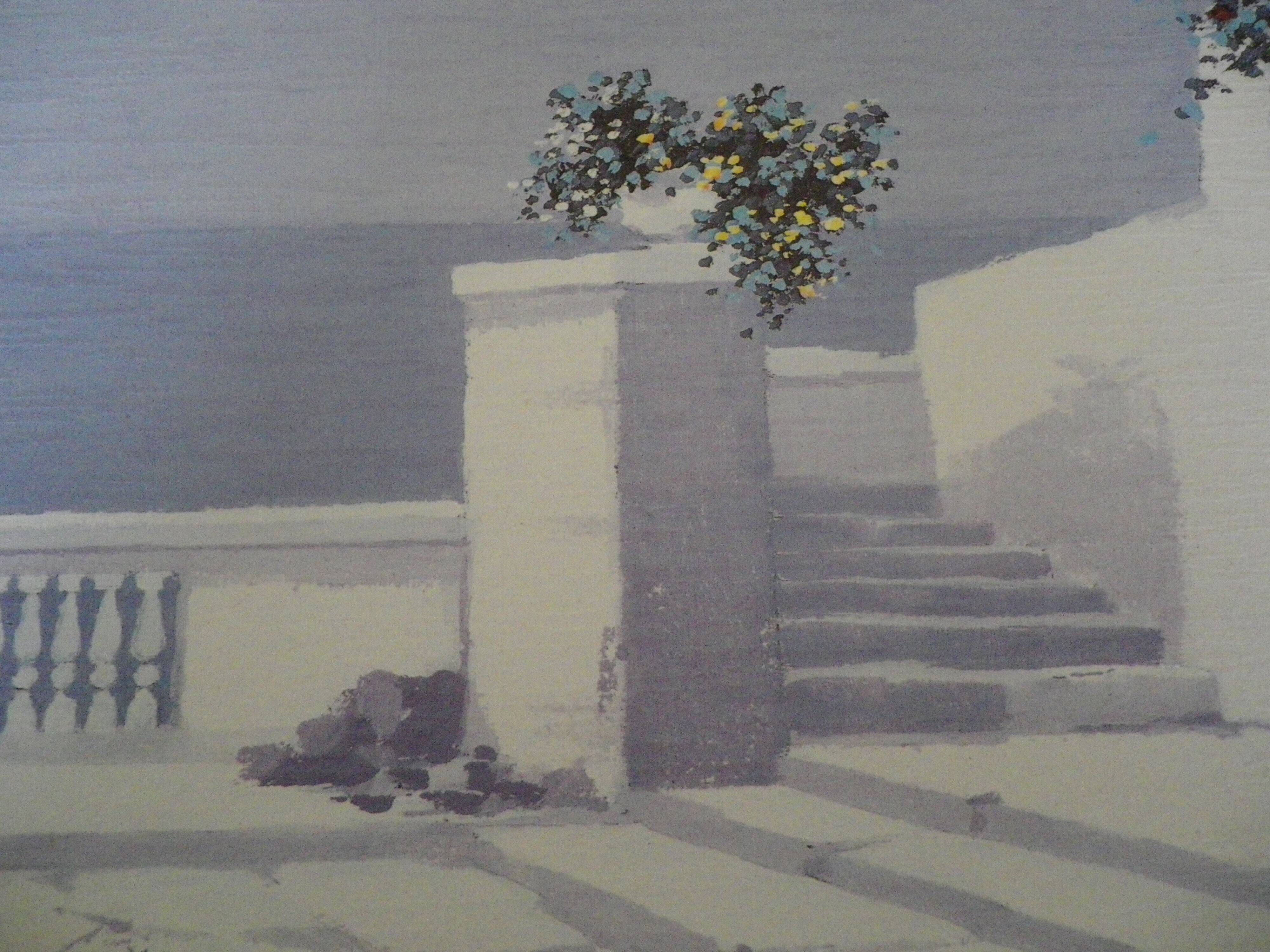 Giorgio Zuppini, Terrace by the Sea with Seagulls, Lithograph, 1970