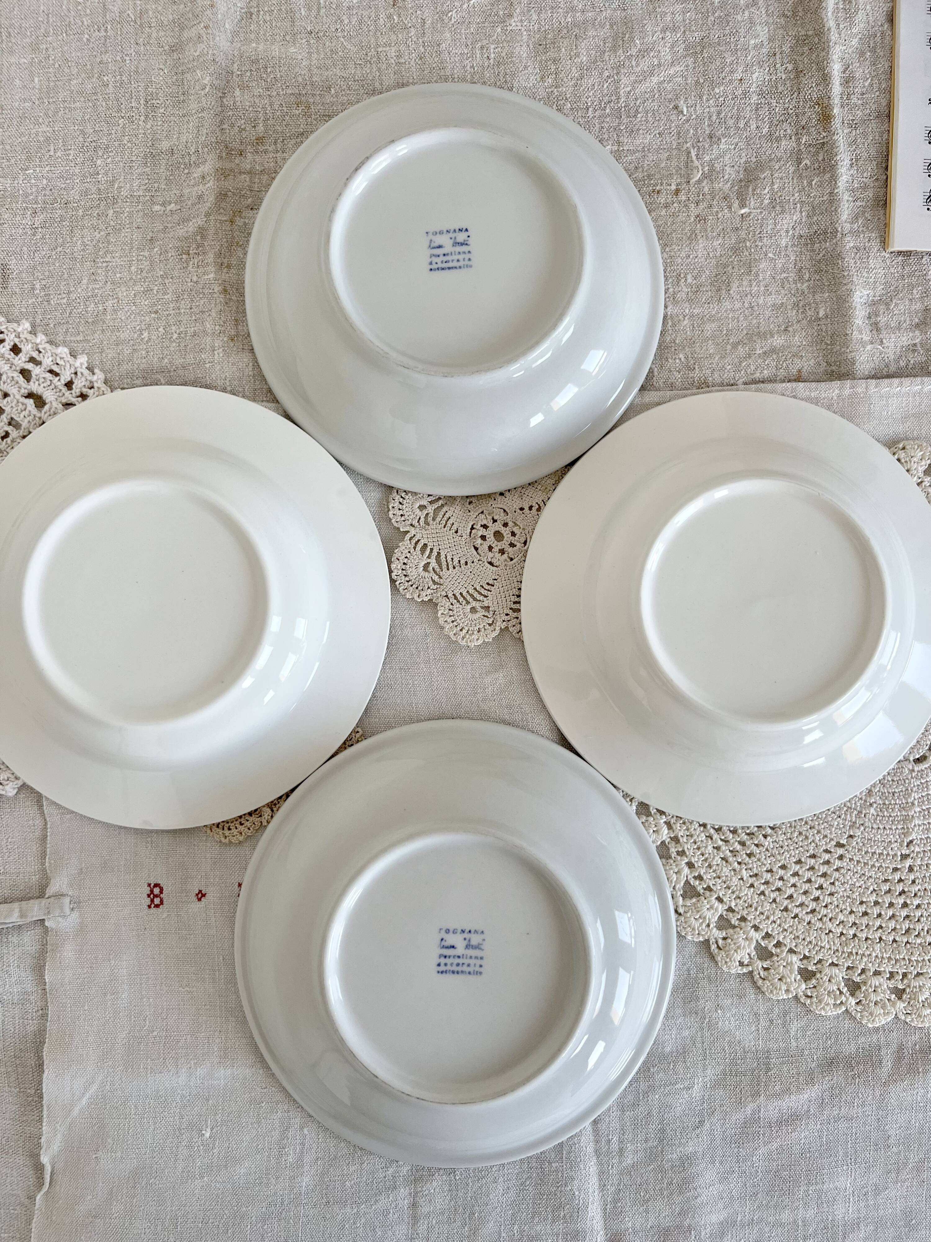 4 vintage mismatched deep plates blue white porcelain bistro butterflies