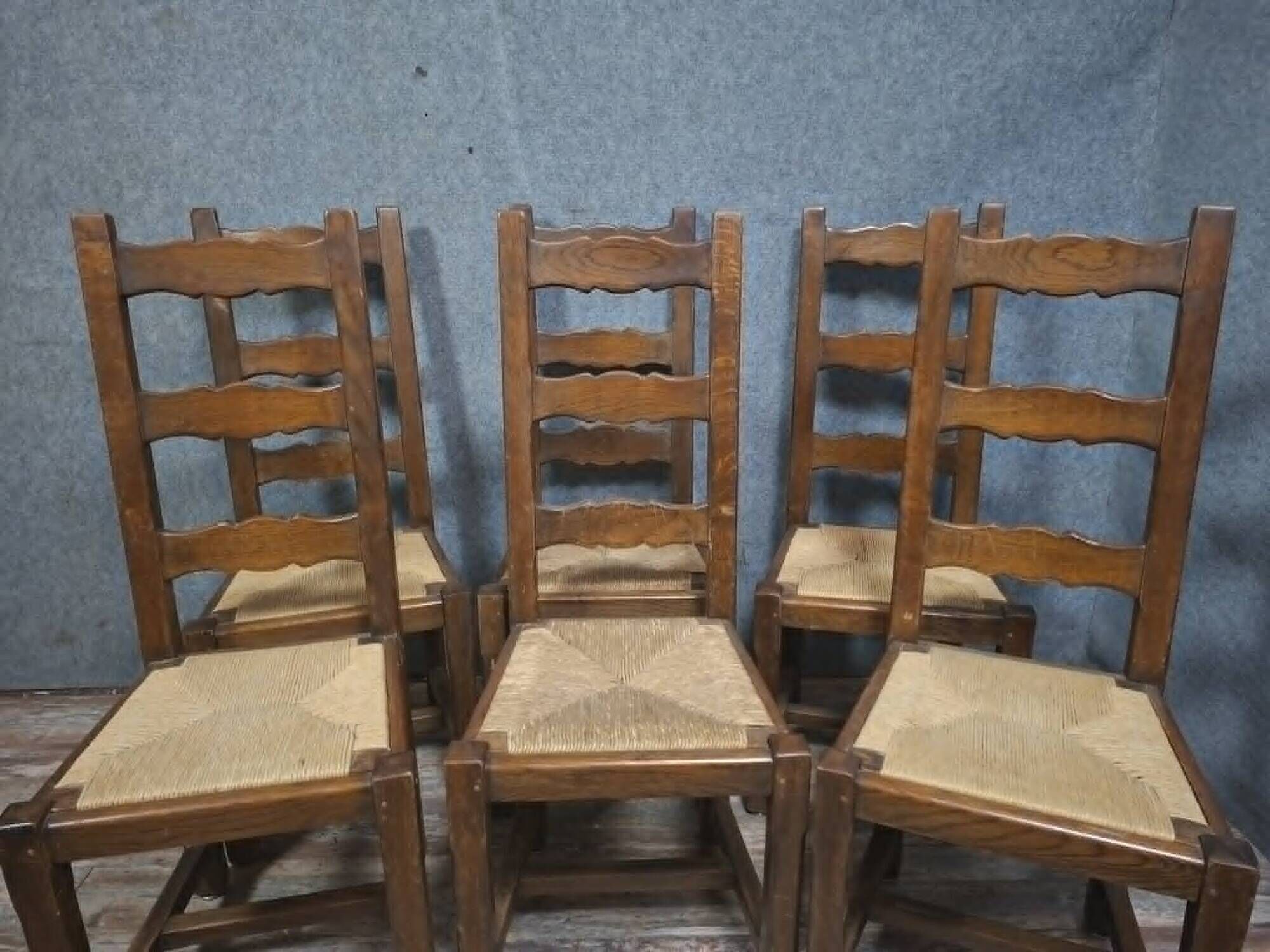 Set of six rustic chairs in natural wood, regional French craftsmanship.