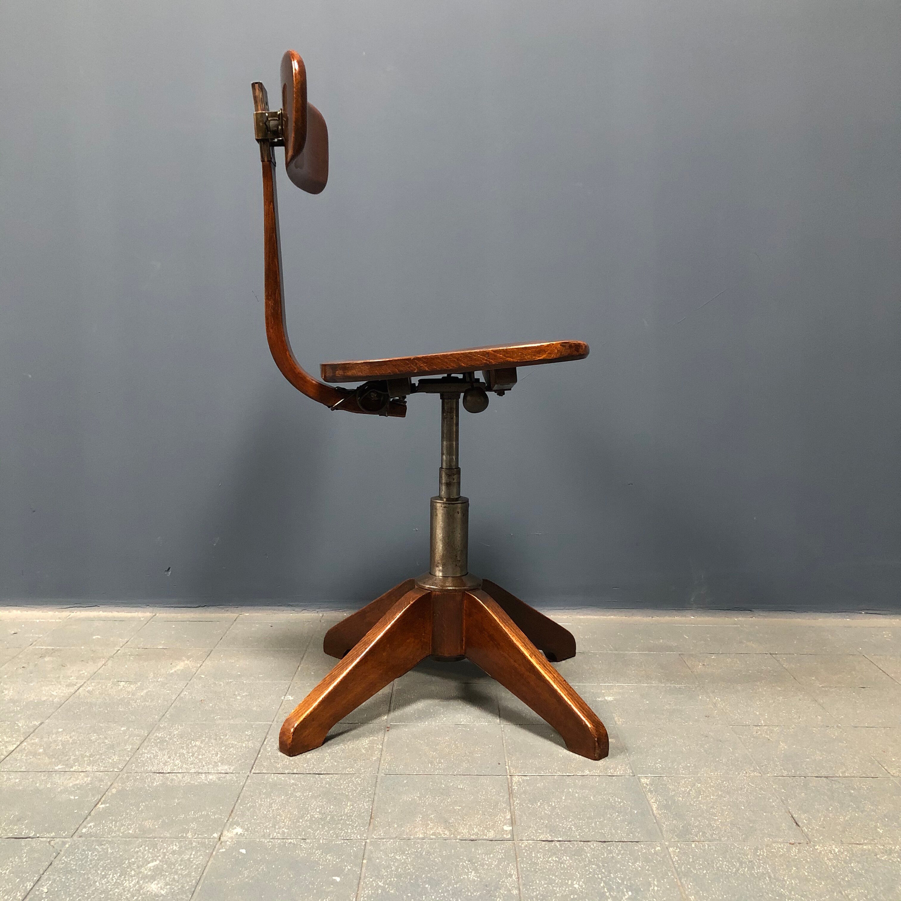 Brown beech wooden Albert Stoll atelier or desk chair from the 1920s