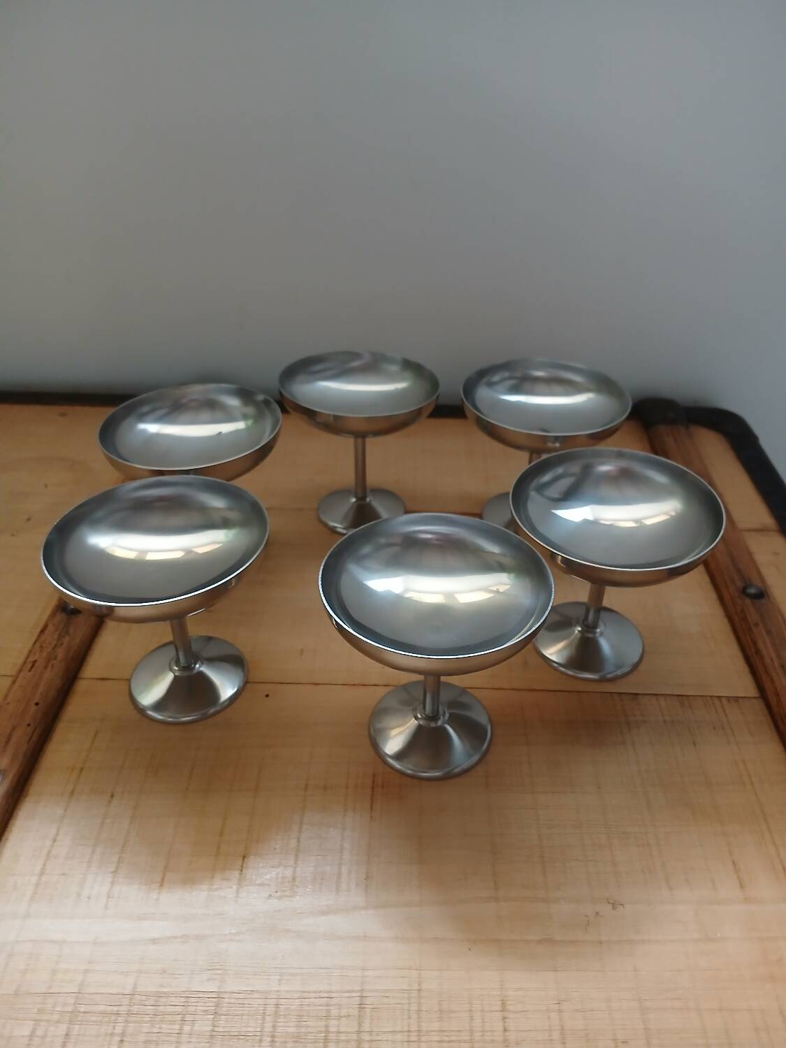 6 antique solid stainless steel ice cream cups