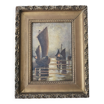 Oil Painting on Cardboard Landscape Sailboats Marine Early 20th Century - M.T. Flabault