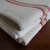 3 old linen cotton tea towels with vintage bedding