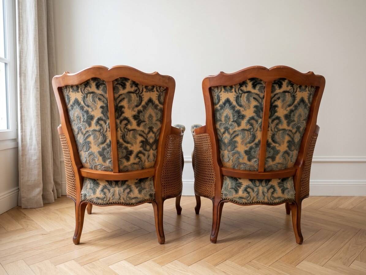 Louis XV style living room set with a sofa and 2 armchairs in cherry wood and fabric.