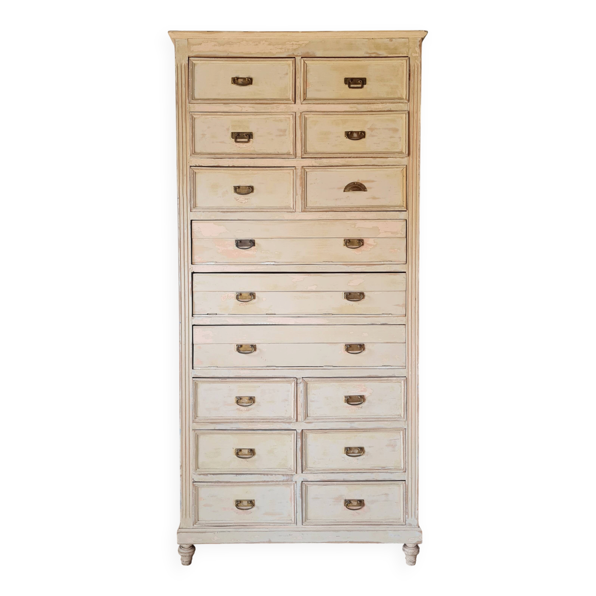 Meuble de métier, de mercerie - commode haute patinée
