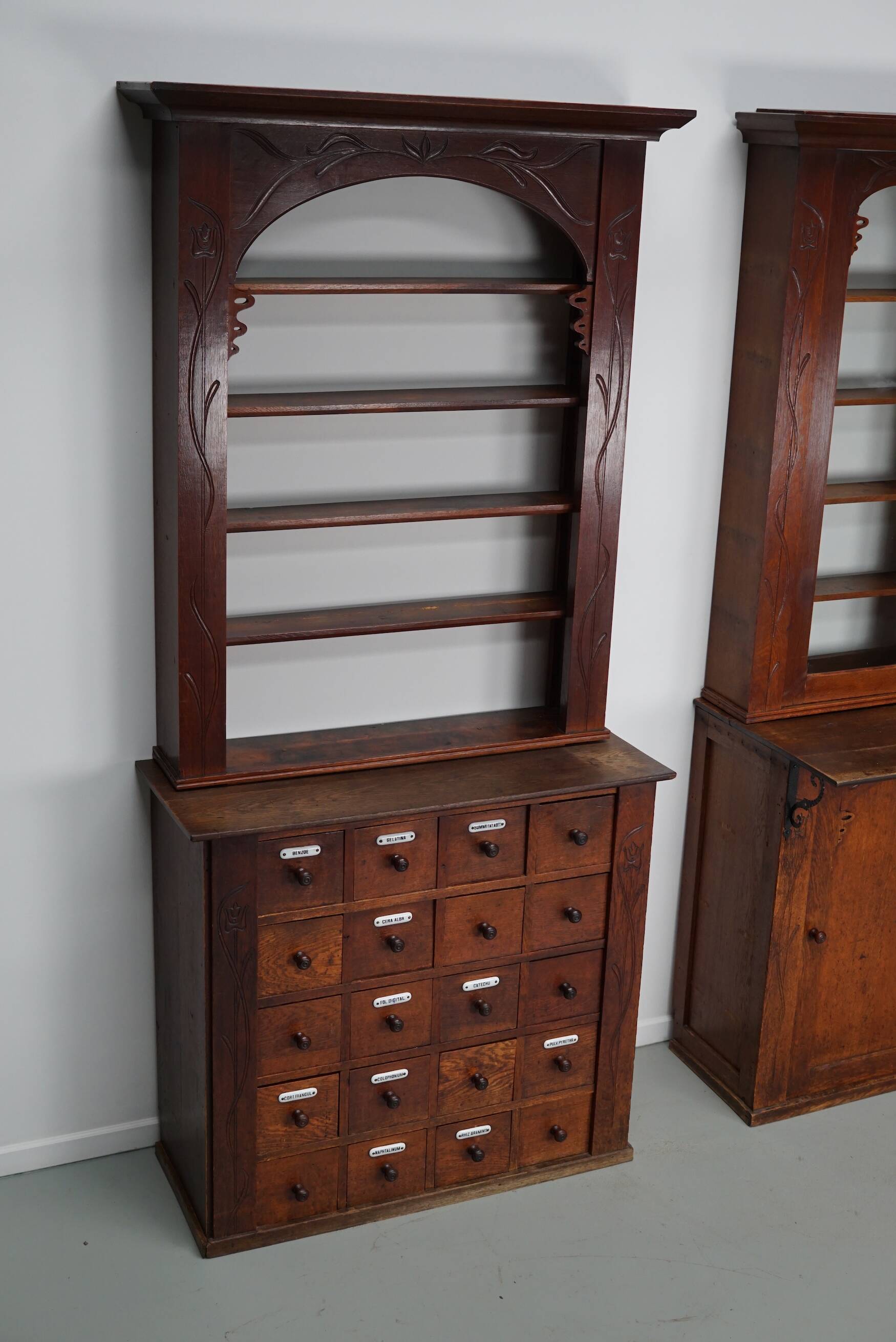 Paire d'armoires / vitrines d'apothicaire en chêne hollandais antiques Art Nouveau vers 1904