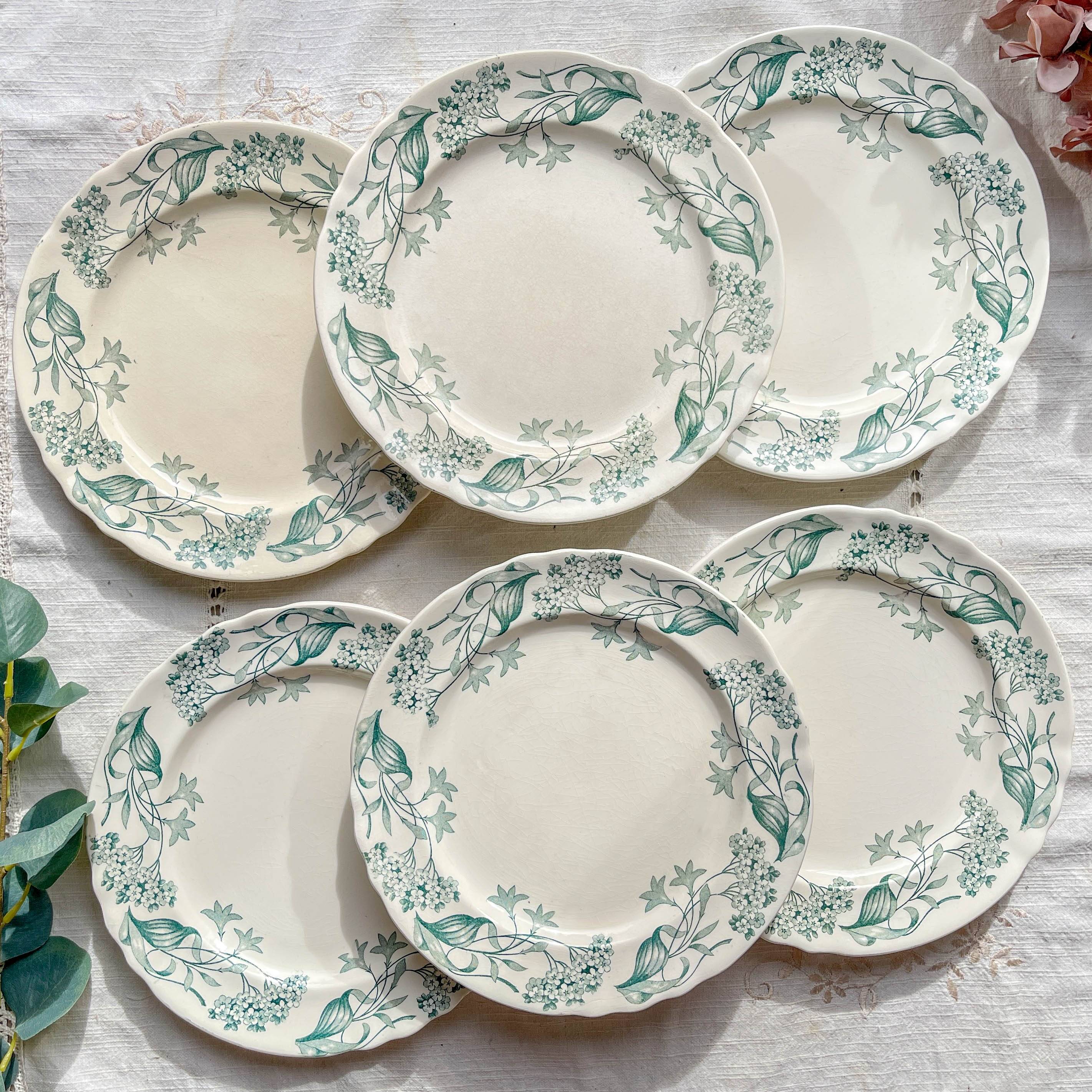 Set of 6 Antique Terre de Fer "Lilac" Longchamp Flat Plates, 19th Century
