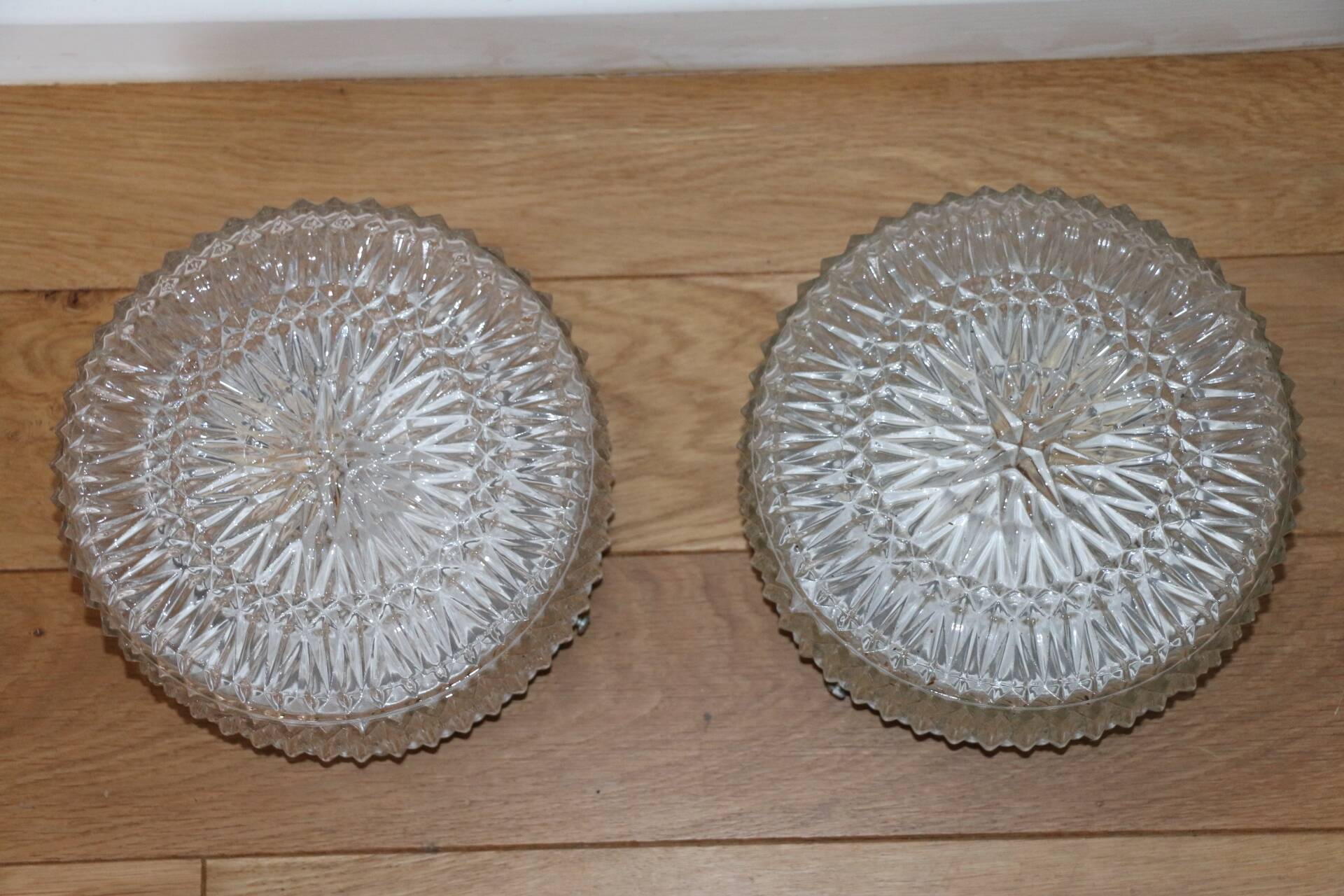 Pair of metal and glass wall/ceiling lights