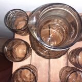 Carafe and 6 glasses, in transparent brown glass - Italy - Vintage