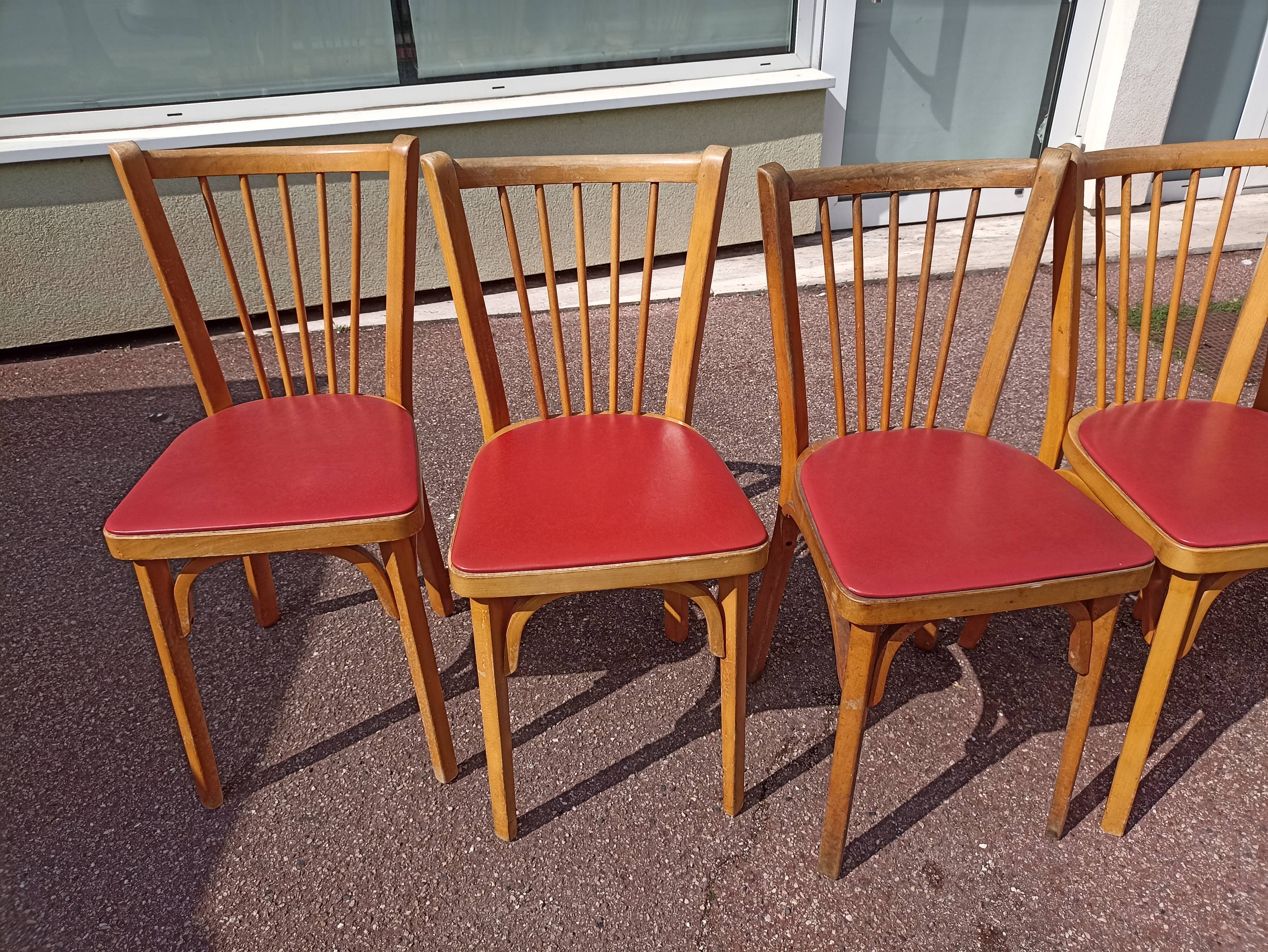 6 baumann bistro chairs wood and skaï red - vintage