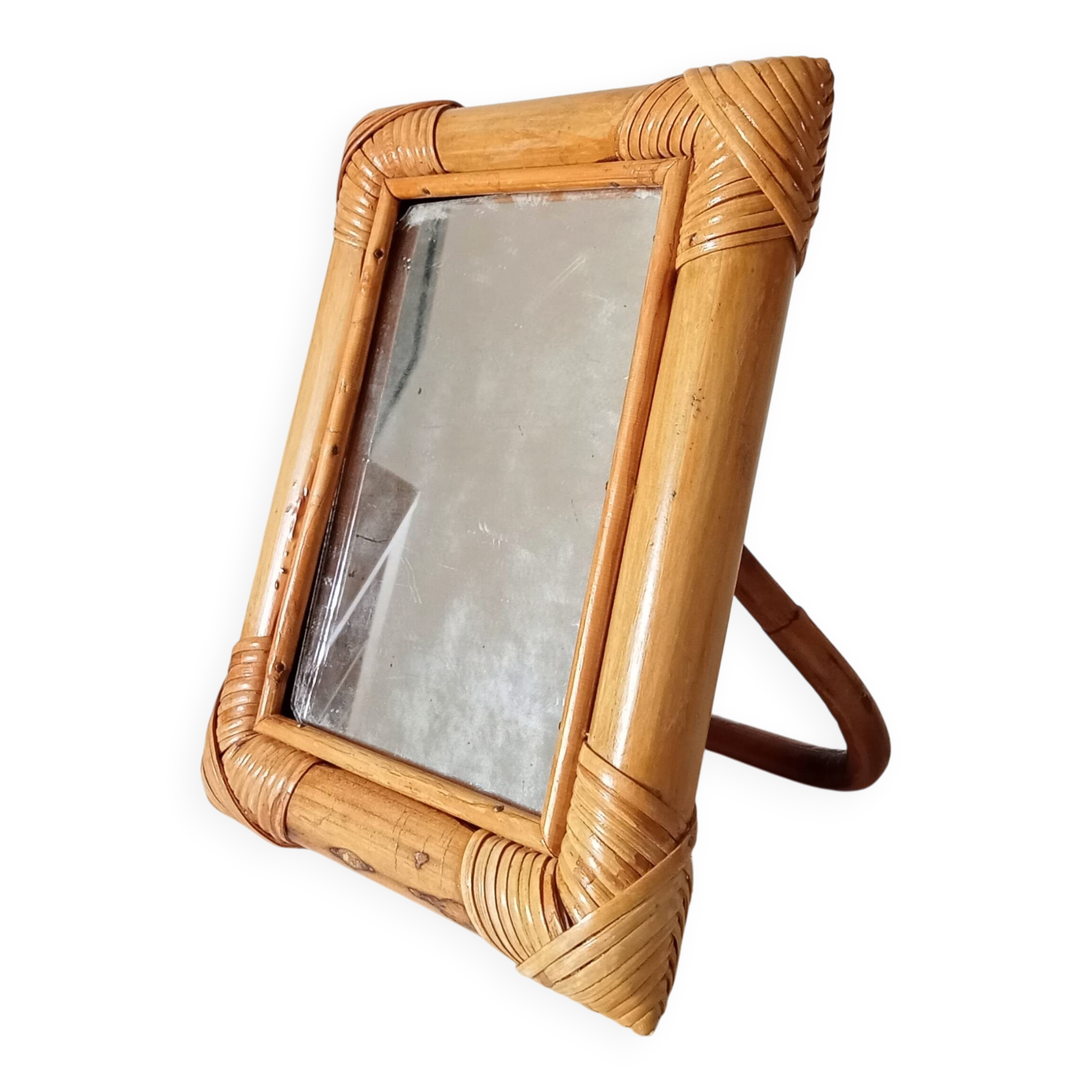 Vintage 1970s rattan tabletop mirror