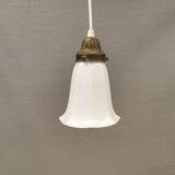 Small delicious tulip shaped hanging lamp in white opal glass with brass top.