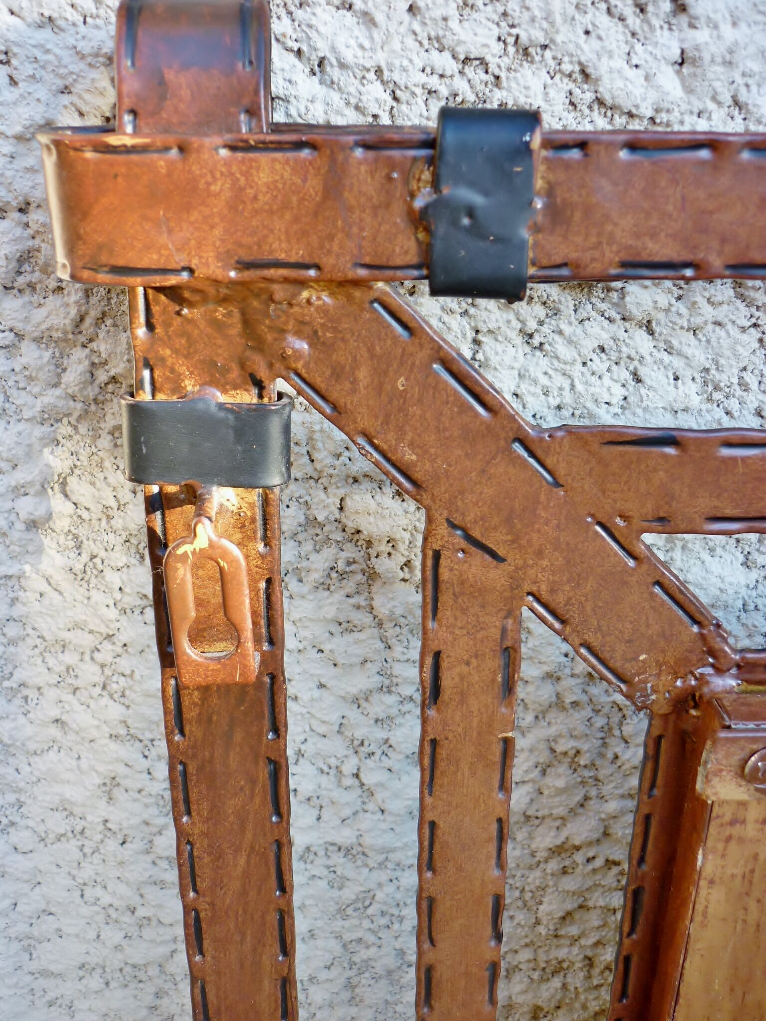 Metal mirror, wrought iron imitation leather straps and horse harness