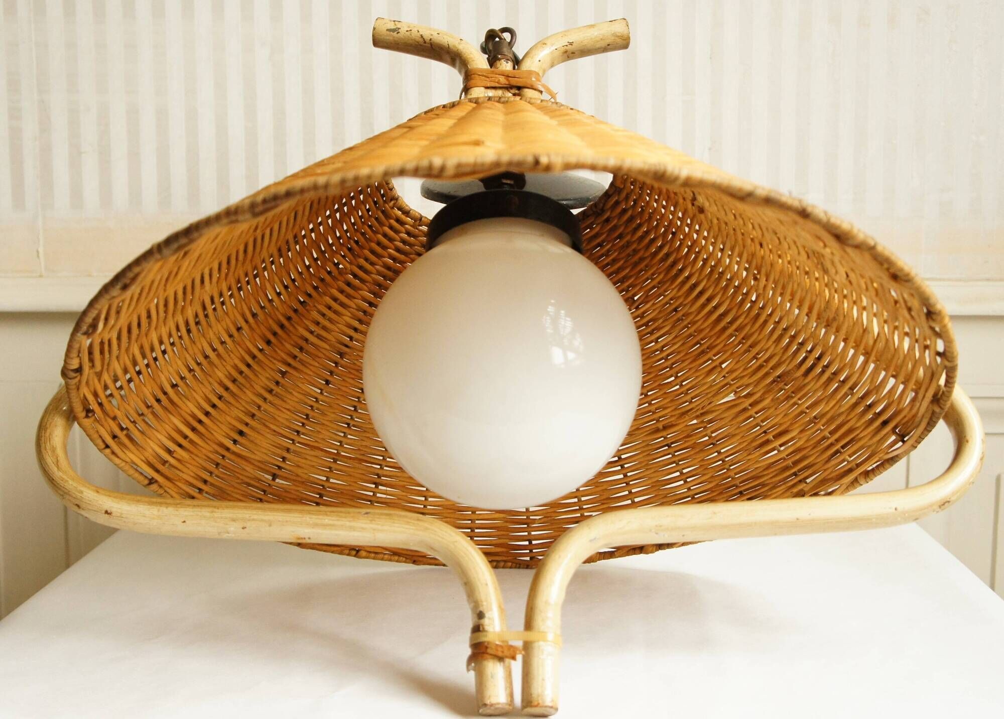 “French Riviera” rattan, metal & opaline pendant light, 1960