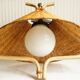“French Riviera” rattan, metal & opaline pendant light, 1960