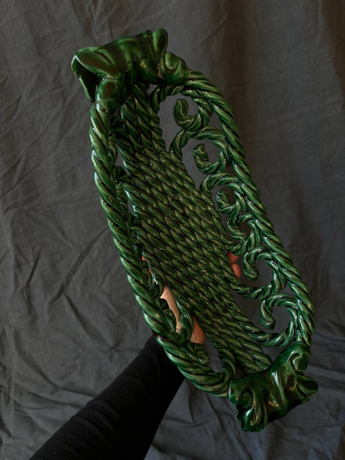 Green woven ceramic fruit bowl