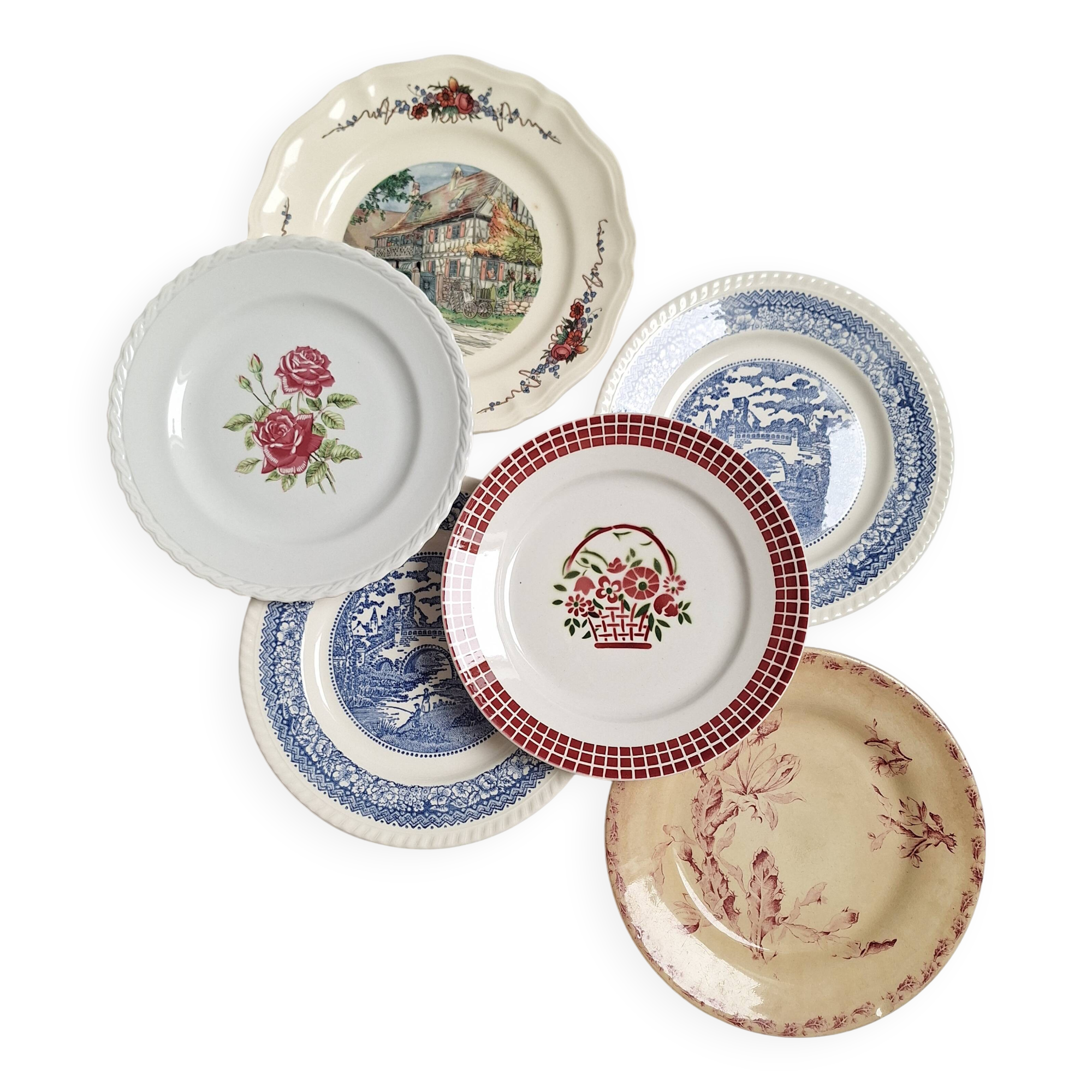 6 blue and pink dinner plates