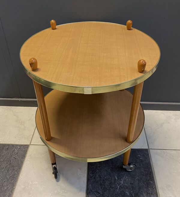 Chariot de service rond en bois, table d'appoint, années 1960