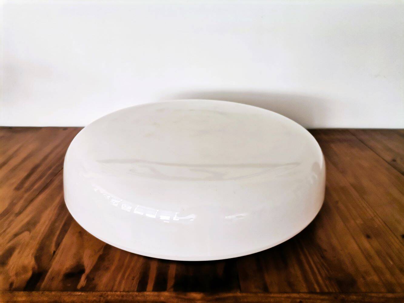 Large Italian glossy white acrylic minimalist pill flush mount ceiling fixture lamp. 1960s