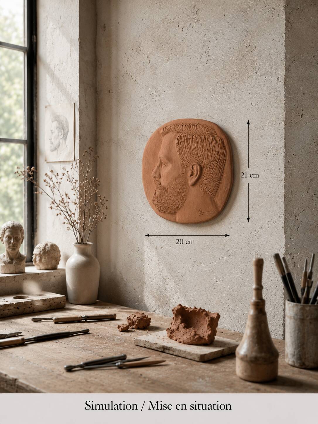 Bas-relief mural in terracotta, profile of a man, signed, 21 x 20 cm, 1984.