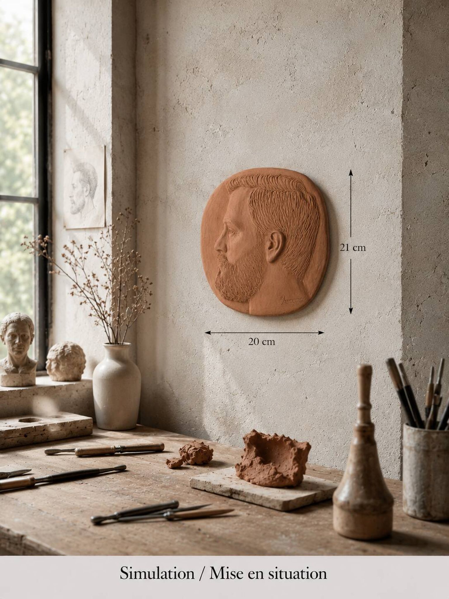 Bas-relief mural in terracotta, profile of a man, signed, 21 x 20 cm, 1984.