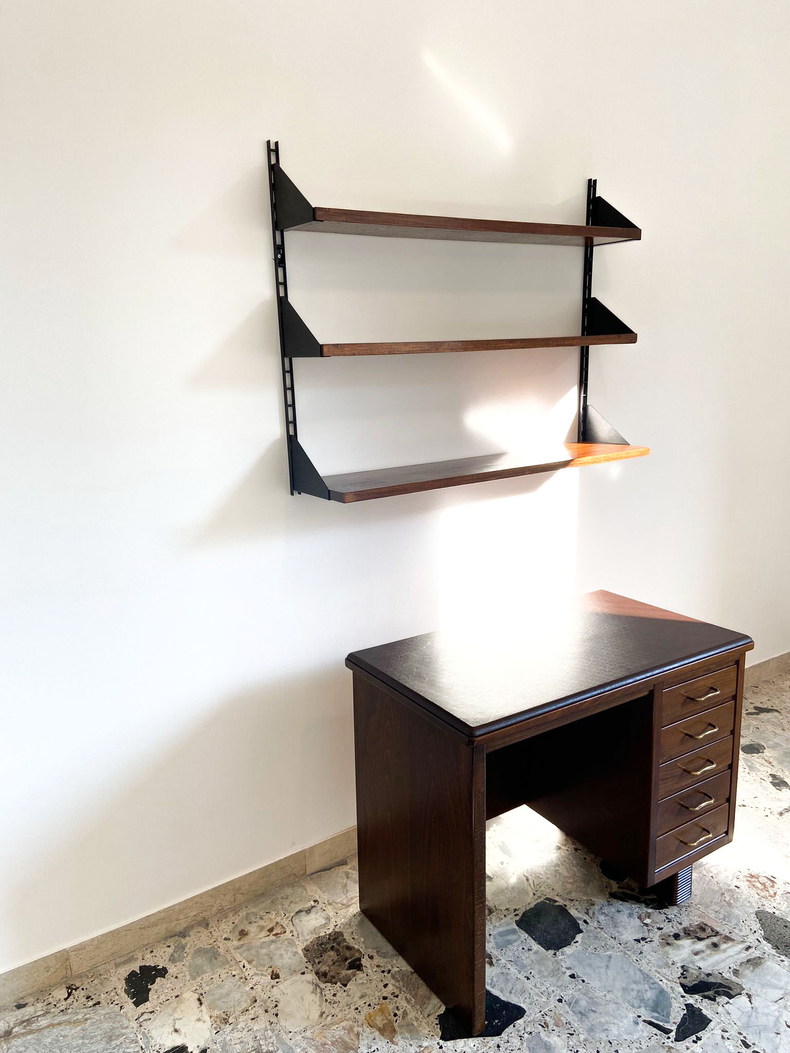 Shelves in rosewood and black lacquered metal from the 50s
