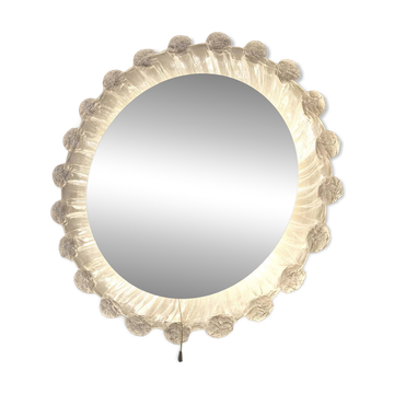Large circular boho wall light with mirror in melted ice acrylic, 1970s