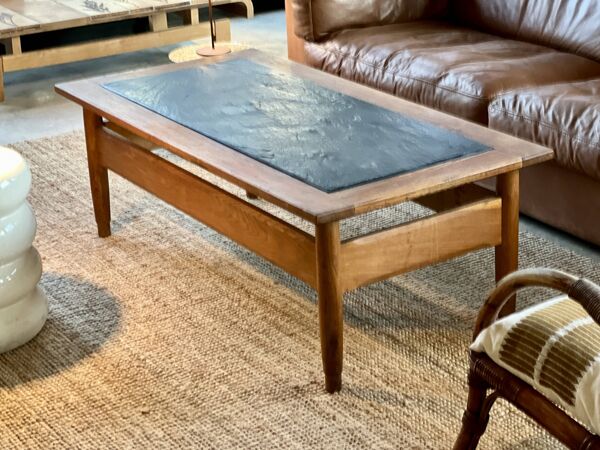 Table basse en chêne, plateau en ardoise vintage 1960